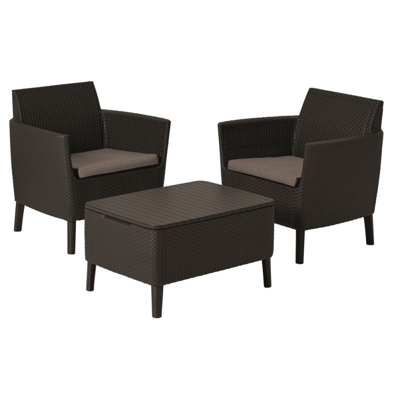 Set mobilier pentru balcon KETER Salemo 253201, masa dreptunghiulara cu spatiu de depozitare, 2 fotolii, 2 perne, maro, polipropilena