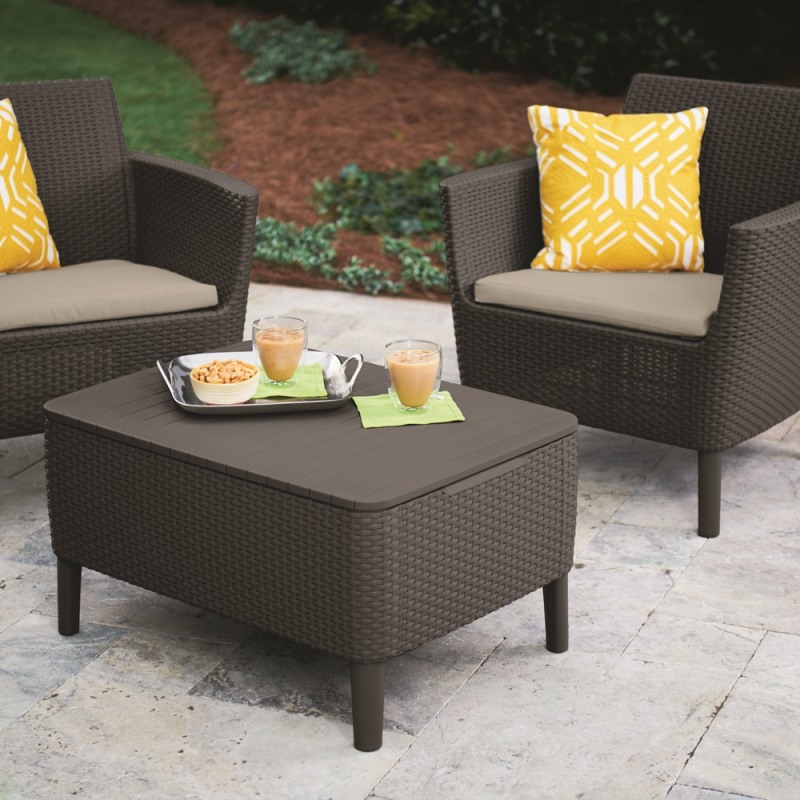 Set mobilier pentru balcon KETER Salemo 253201, masa dreptunghiulara cu spatiu de depozitare, 2 fotolii, 2 perne, maro, polipropilena