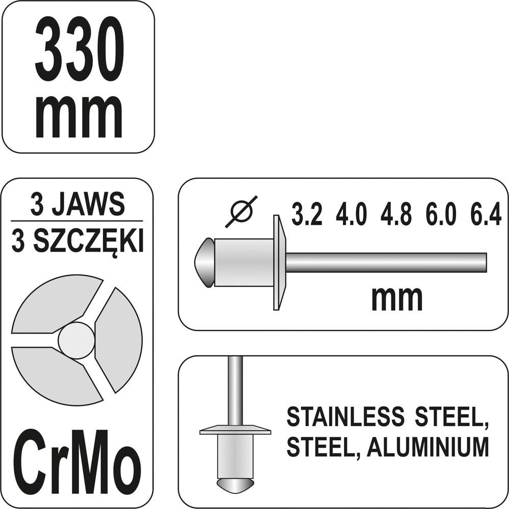 Cleste pentru popnituri YATO YT-3609, 3.2 - 6.4 mm, lungime 330 mm, cu 3 falci din otel crom molibden
