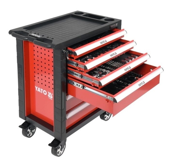 Carucior mobil pentru atelier YATO YT-55300, 6 sertare, negru/rosu, 766x465x958 mm, cu 177 scule, suprafata otel rezistent la ulei, cu roti