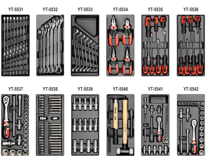 Carucior mobil pentru atelier YATO YT-55300, 6 sertare, negru/rosu, 766x465x958 mm, cu 177 scule, suprafata otel rezistent la ulei, cu roti