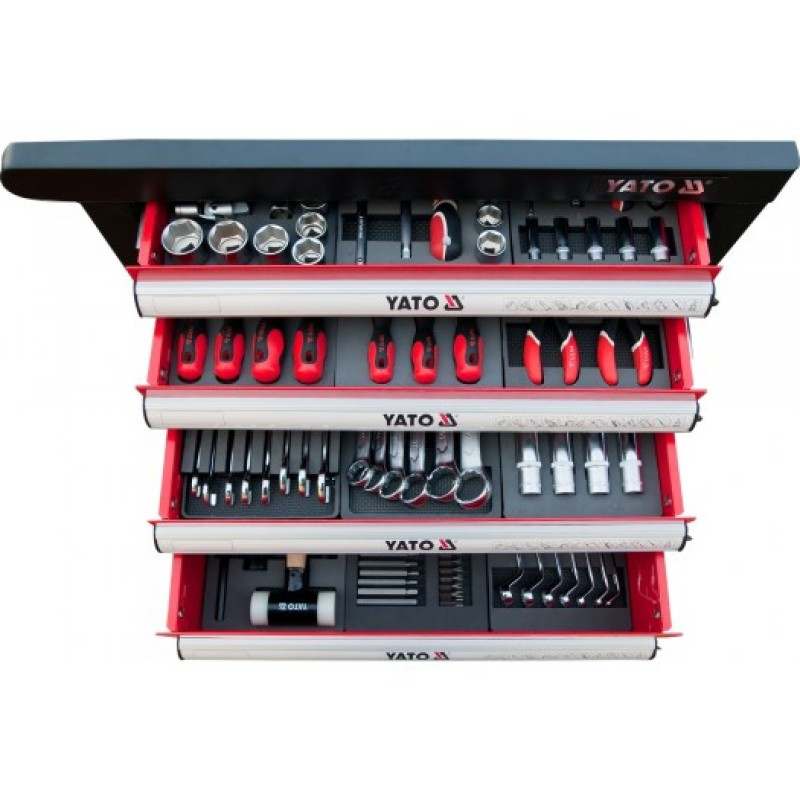 Carucior mobil pentru atelier YATO YT-55300, 6 sertare, negru/rosu, 766x465x958 mm, cu 177 scule, suprafata otel rezistent la ulei, cu roti