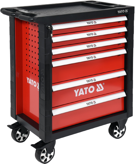 Carucior mobil pentru atelier YATO YT-55300, 6 sertare, negru/rosu, 766x465x958 mm, cu 177 scule, suprafata otel rezistent la ulei, cu roti