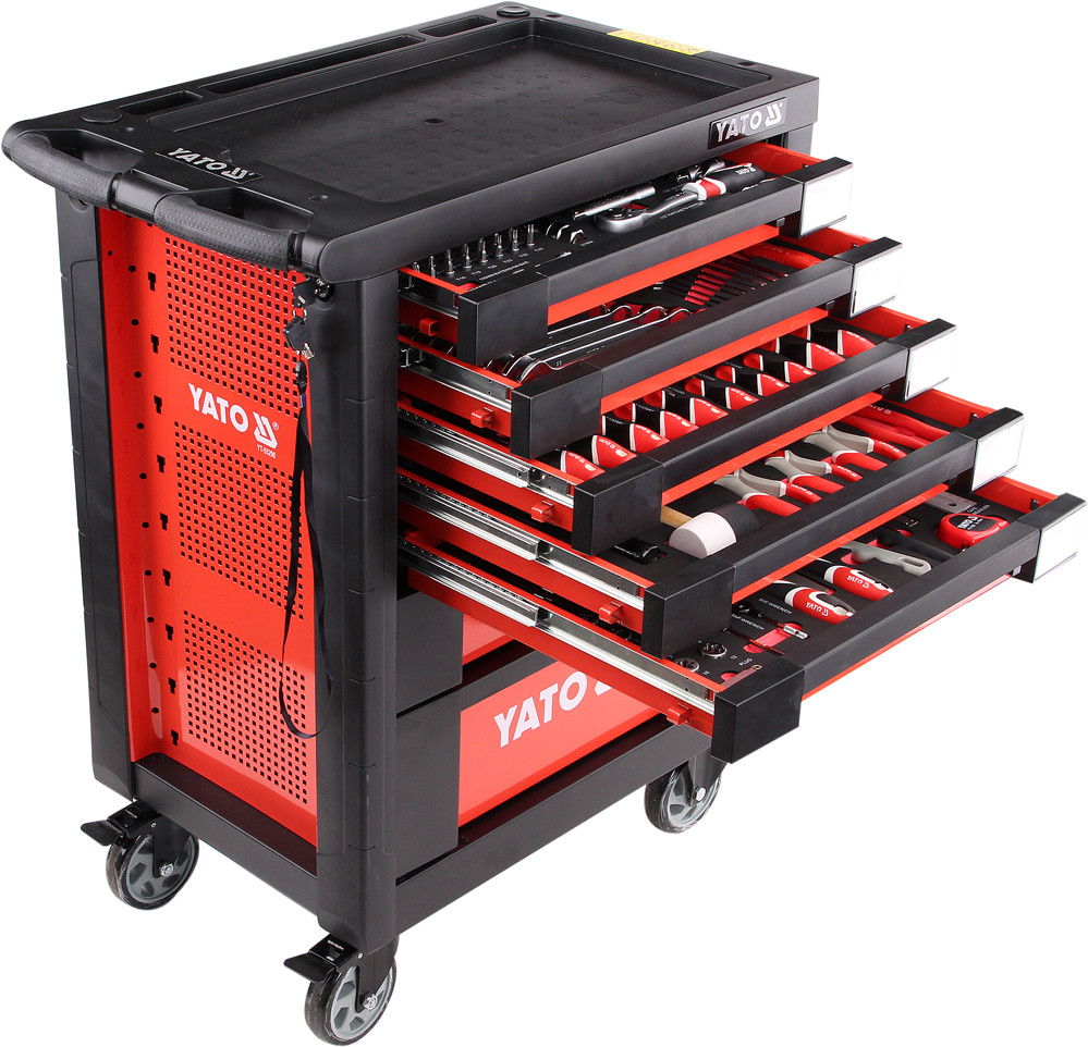 Carucior mobil pentru atelier YATO YT-55290, 7 sertare, negru/rosu, 980x770x462 mm, cu 211 scule, suprafata otel rezistent la ulei, cu roti
