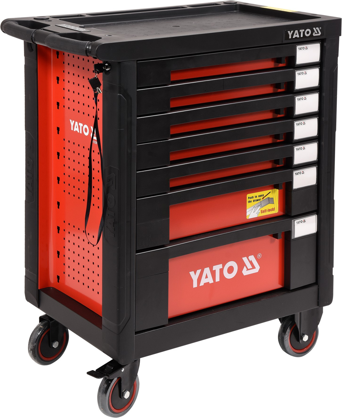 Carucior mobil pentru atelier YATO YT-55290, 7 sertare, negru/rosu, 980x770x462 mm, cu 211 scule, suprafata otel rezistent la ulei, cu roti