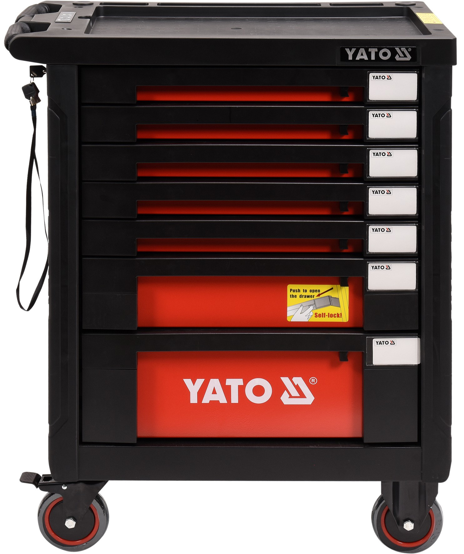 Carucior mobil pentru atelier YATO YT-55290, 7 sertare, negru/rosu, 980x770x462 mm, cu 211 scule, suprafata otel rezistent la ulei, cu roti