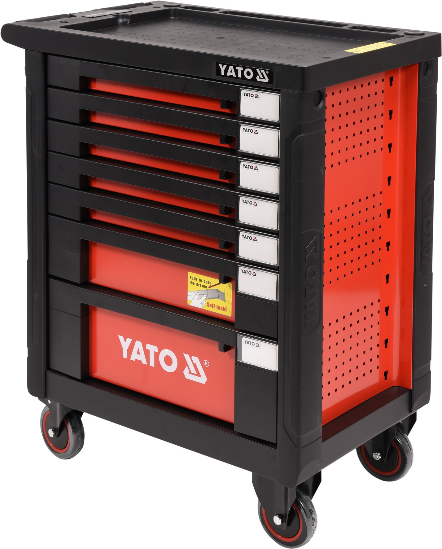 Carucior mobil pentru atelier YATO YT-55290, 7 sertare, negru/rosu, 980x770x462 mm, cu 211 scule, suprafata otel rezistent la ulei, cu roti