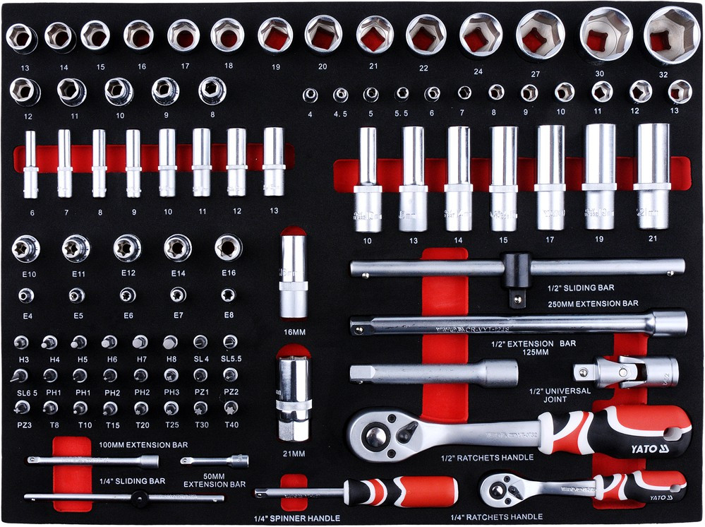 Carucior mobil pentru atelier YATO YT-55290, 7 sertare, negru/rosu, 980x770x462 mm, cu 211 scule, suprafata otel rezistent la ulei, cu roti