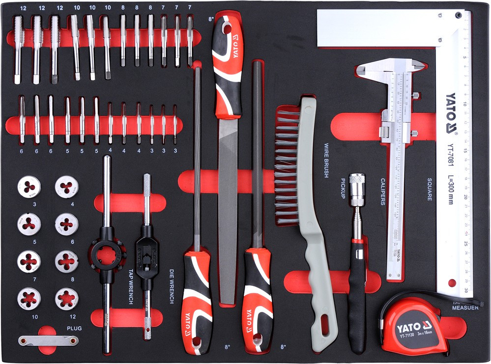 Carucior mobil pentru atelier YATO YT-55290, 7 sertare, negru/rosu, 980x770x462 mm, cu 211 scule, suprafata otel rezistent la ulei, cu roti