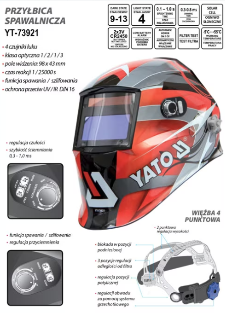 Masca de sudura automata YATO YT-73921, ecran 126 x 102 mm, baterii 2 x 3V CR2450, 4 senzori
