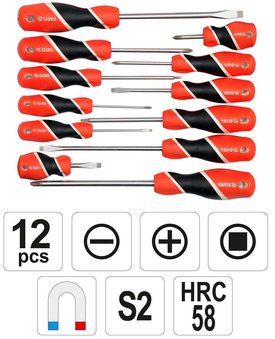 Set 12 surubelnite YATO YT-25967, din otel 58HRC, tija cu finisaj satinat