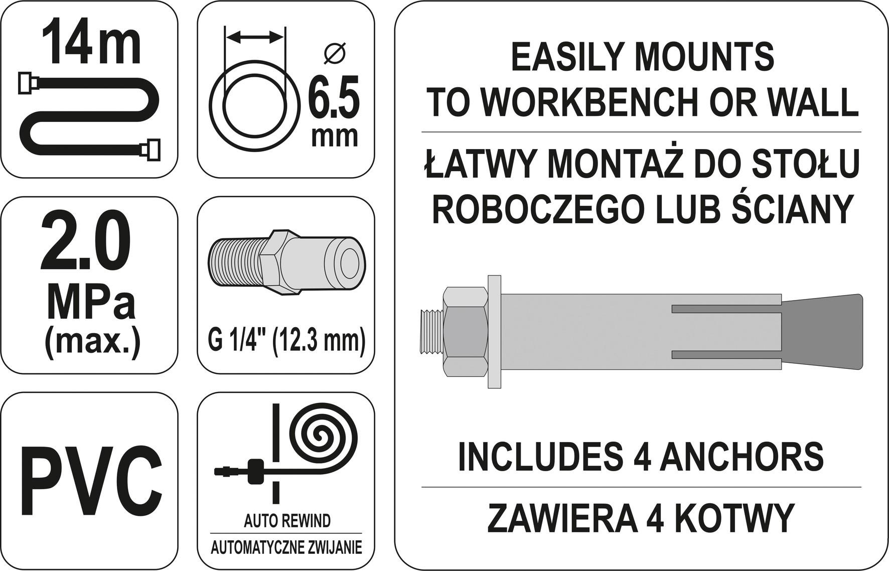 Tambur furtun pentru aer comprimat YATO YT-24243, furtun 6.5 mm x 14 m, cupla 1/4 inch, presiune lucru 2 MPa, infasurare automata