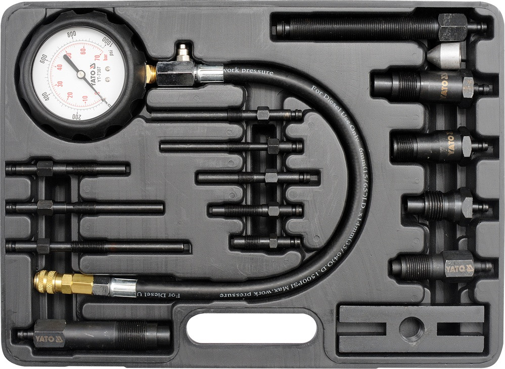 Tester de compresie pentru motoare diesel YATO YT-7307, presiune 70 bar, tija compresmetru 500 mm, adaptor 160 mm, 16 piese
