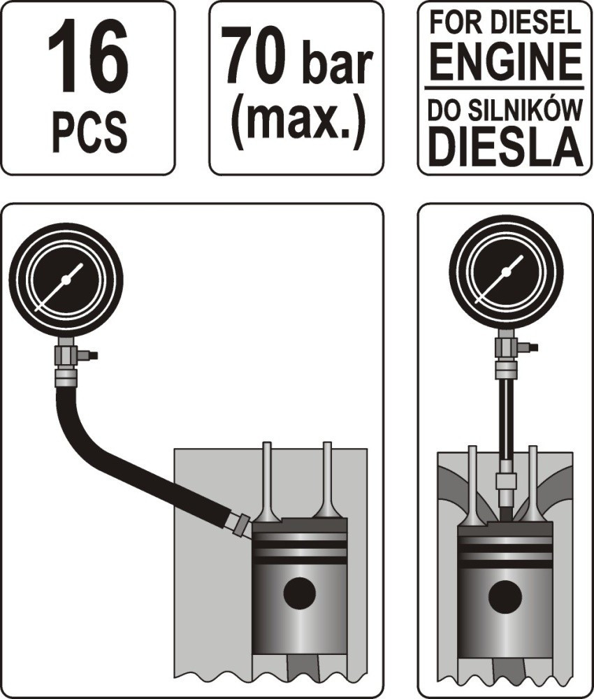 Tester de compresie pentru motoare diesel YATO YT-7307, presiune 70 bar, tija compresmetru 500 mm, adaptor 160 mm, 16 piese