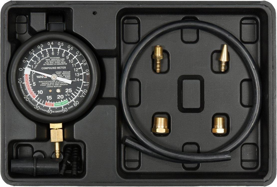Set 9 piese tester pentru vacuum si compresie YATO YT-73050, manometru 0-14 psi / 0-0.1 MPa, 4 adaptoare, cablu 600 mm