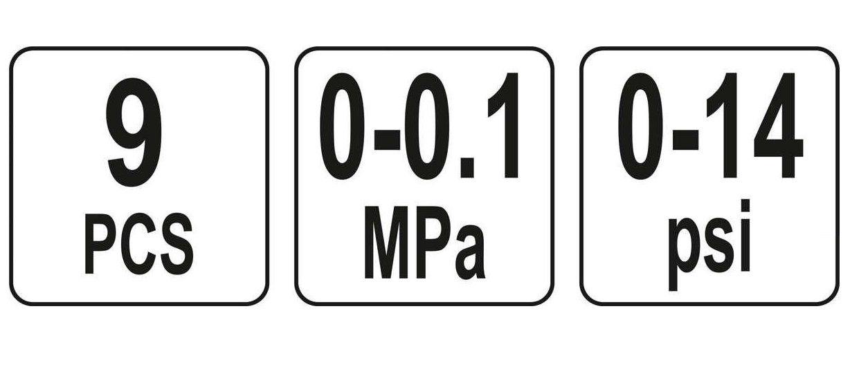 Set 9 piese tester pentru vacuum si compresie YATO YT-73050, manometru 0-14 psi / 0-0.1 MPa, 4 adaptoare, cablu 600 mm