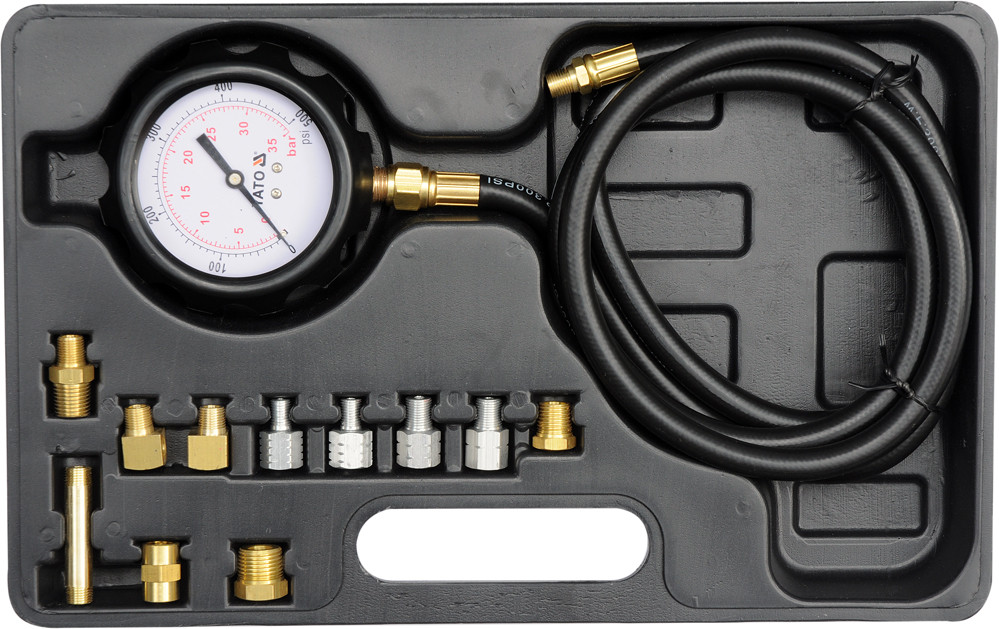 Tester presiune ulei YATO YT-73030, presiune maxima 35 bar, 0 - 500 PSI, furtun 1850 mm, 12 piese