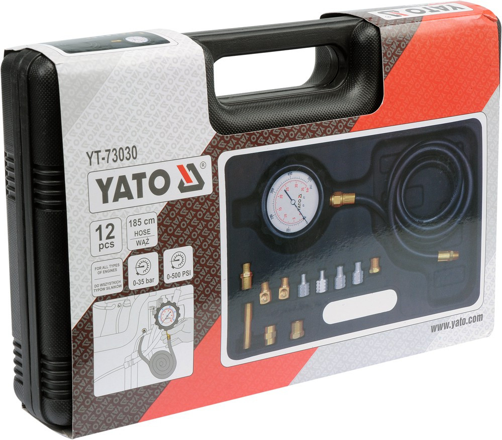 Tester presiune ulei YATO YT-73030, presiune maxima 35 bar, 0 - 500 PSI, furtun 1850 mm, 12 piese