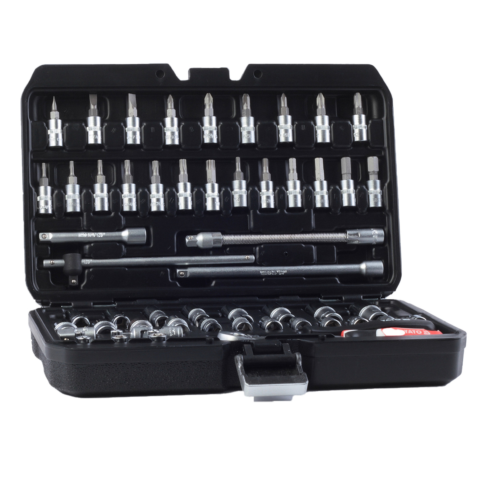Trusa 56 chei tubulare profesionale YATO YT-14501, prindere 1/4 inch, cu prelungitor, reductie, clichet, biti, articulatie, cutie depozitare