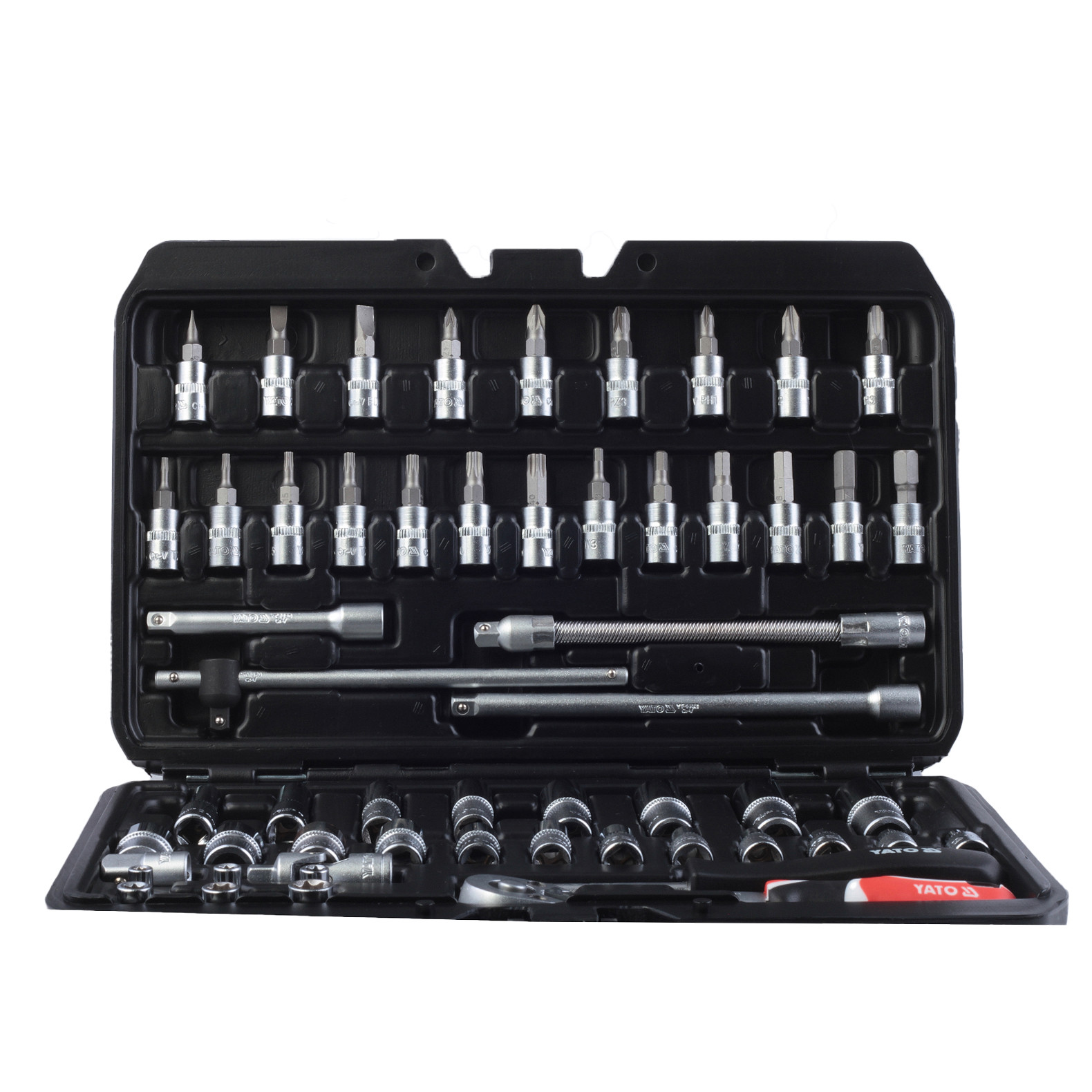 Trusa 56 chei tubulare profesionale YATO YT-14501, prindere 1/4 inch, cu prelungitor, reductie, clichet, biti, articulatie, cutie depozitare