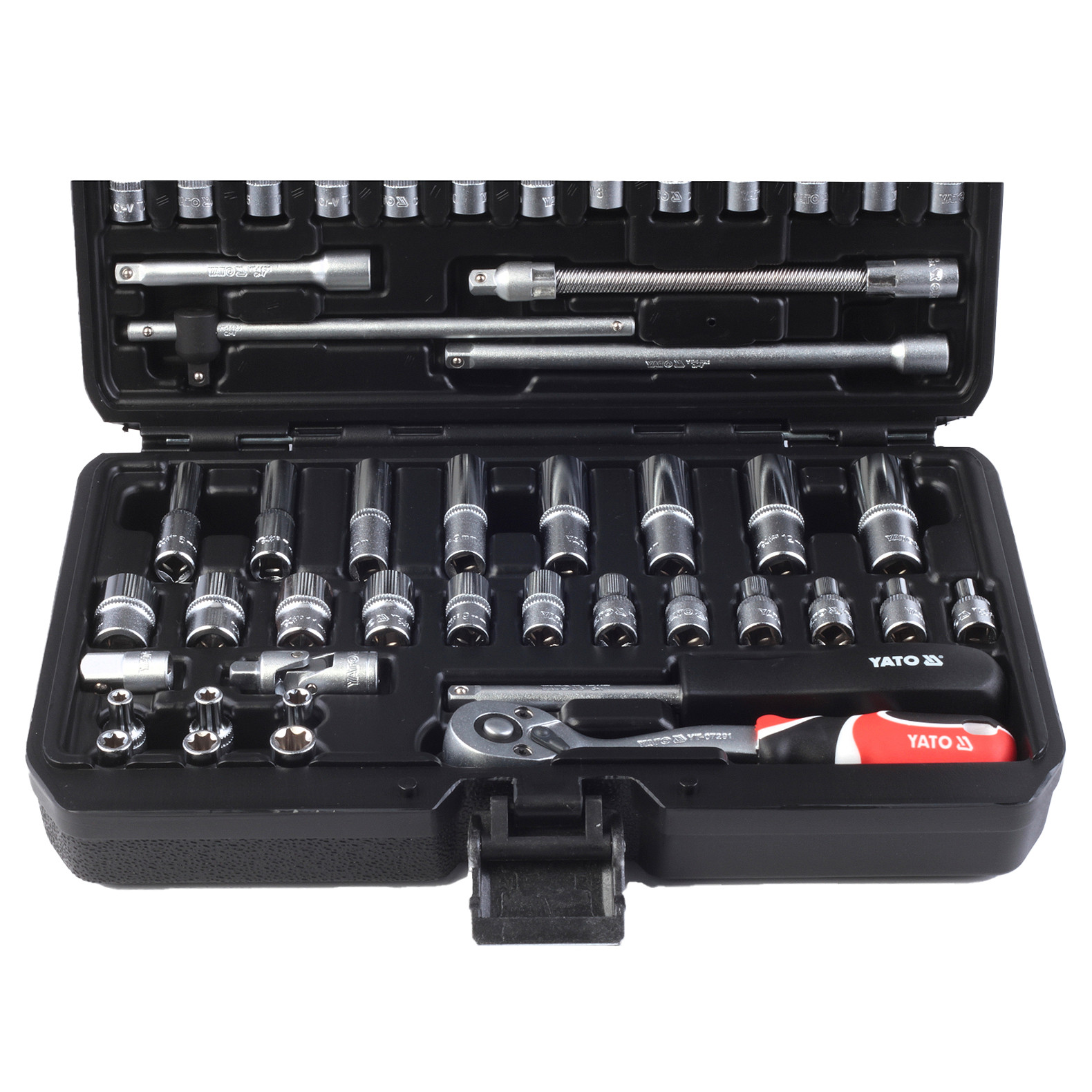 Trusa 56 chei tubulare profesionale YATO YT-14501, prindere 1/4 inch, cu prelungitor, reductie, clichet, biti, articulatie, cutie depozitare