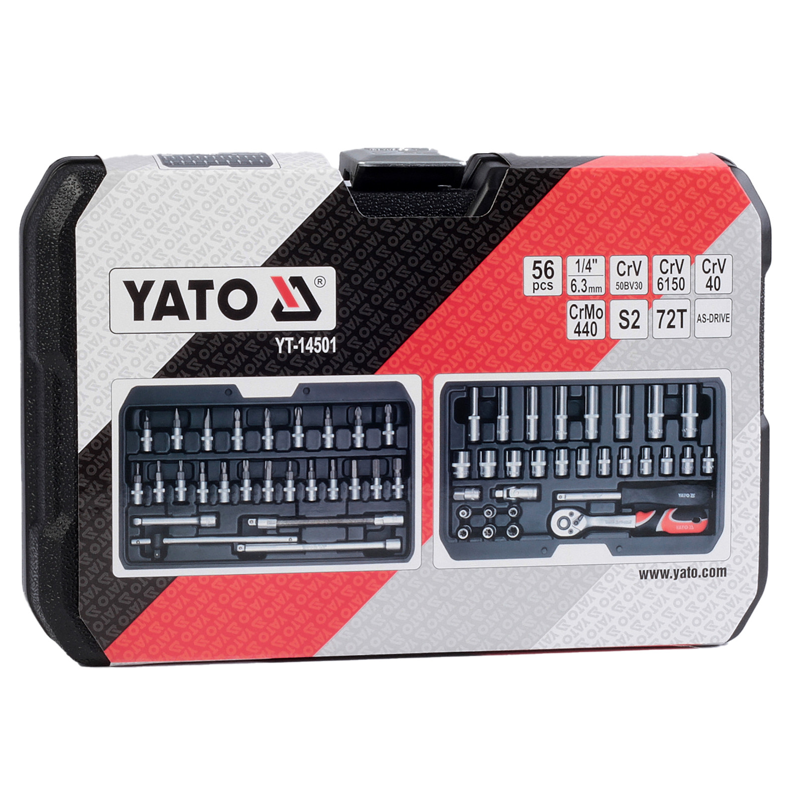 Trusa 56 chei tubulare profesionale YATO YT-14501, prindere 1/4 inch, cu prelungitor, reductie, clichet, biti, articulatie, cutie depozitare