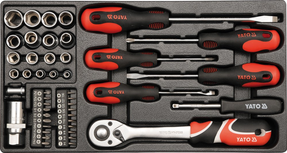 Trusa 80 scule de mana YATO YT-38951, clesti, chei imbus, biti insurubare, chei combinate, ciocan, cutie metalica pentru depozitare