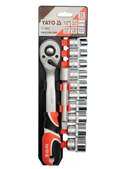 Trusa 12 chei tubulare YATO YT-38821, clichet cu antrenor patrat 1/2 inch, lungime 255 mm, deschidere chei 10, 11, 12, 13, 14, 15, 17, 19, 21, 24 mm