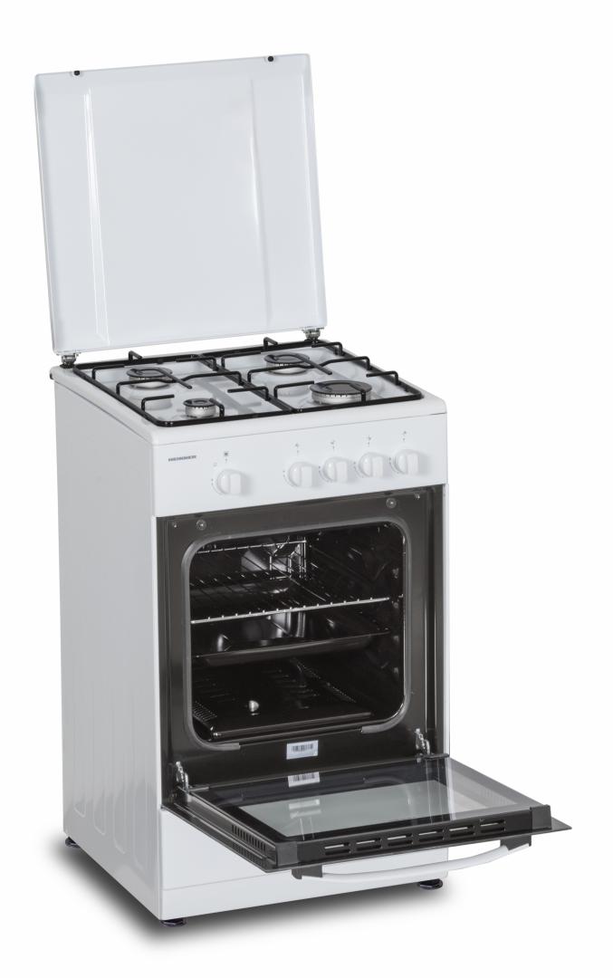 Aragaz HEINNER HFSC-SME50WH, pe gaz, 4 arzatoare, suport email, capac metalic, tava si gratar cromat, alb