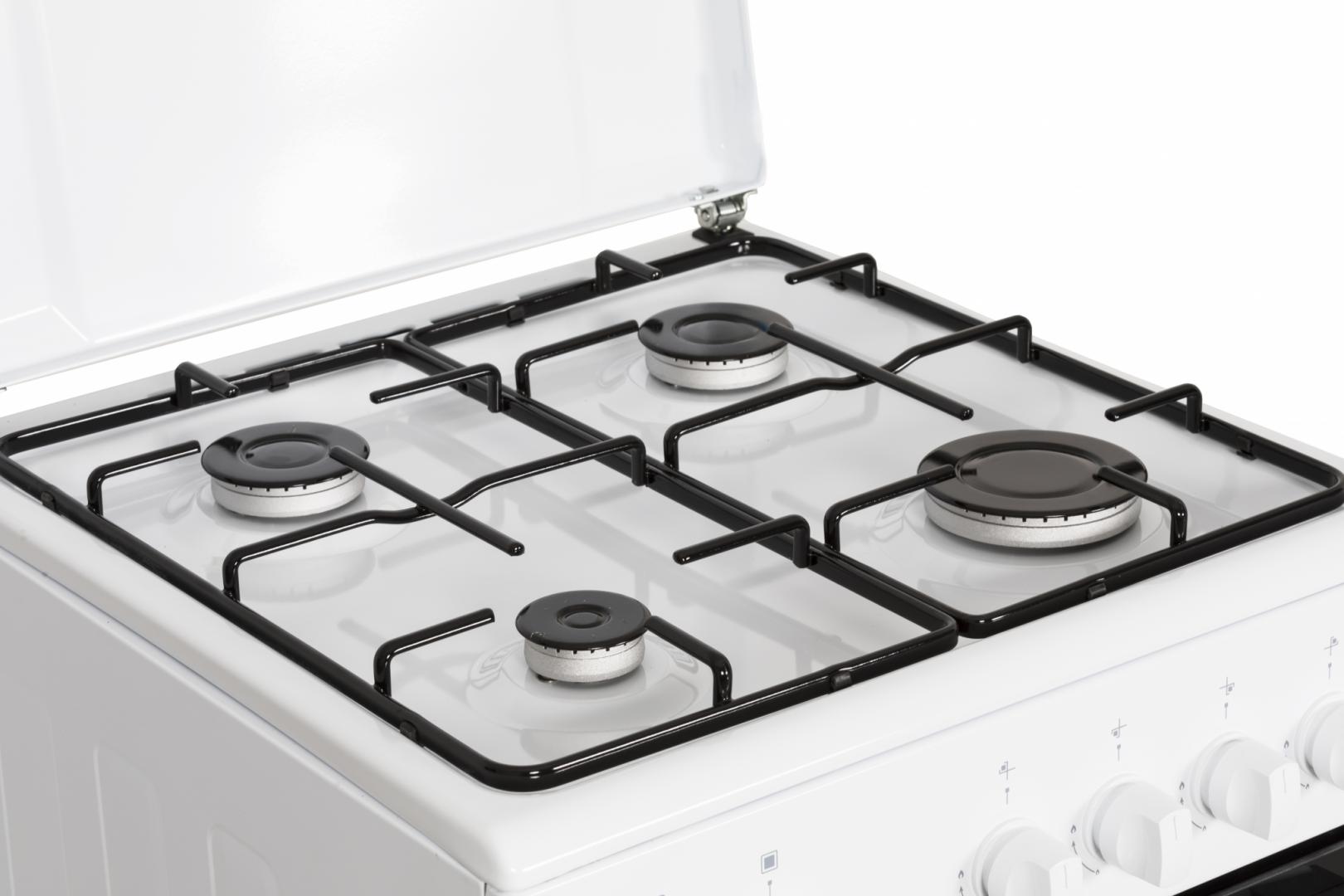 Aragaz HEINNER HFSC-SME50WH, pe gaz, 4 arzatoare, suport email, capac metalic, tava si gratar cromat, alb