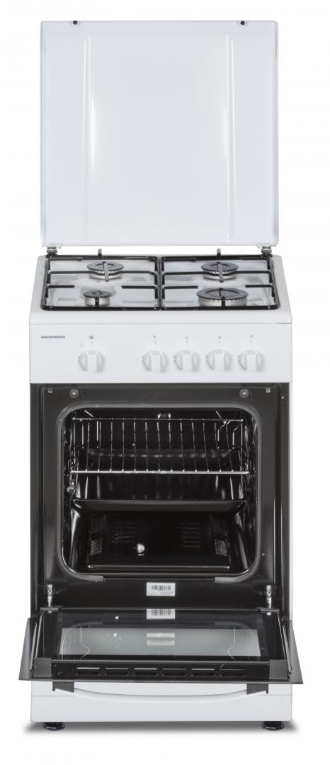 Aragaz HEINNER HFSC-SME50WH, pe gaz, 4 arzatoare, suport email, capac metalic, tava si gratar cromat, alb