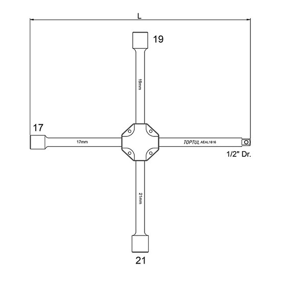 Cheie in cruce pentru roti TOPTUL AEAL1616, deschidere cheie 17 x 19 x 21mm x antrenor patrat 1/2 inch, lungime 16 inch/406.4 mm, crom vanadiu