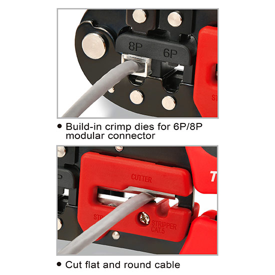 Cleste pentru sertizare TOPTUL DKAC2420, lungime 203 mm, pentru mufe RJ-11, RJ-12, RJ-45, manere plastic