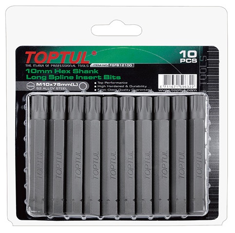 Set 10 biti lungi pentru insurubare TOPTUL FSFB1205G, profil bi-hexagonal M5, lungime 75 mm