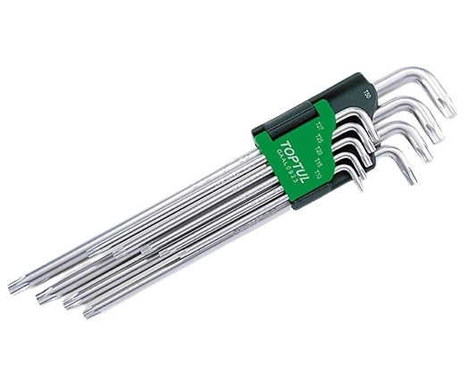 Set 9 chei inbus torx extra-lungi TOPTUL GAAL0923, dimensiuni cheie T10, T15, T20, T25, T27, T30, T40, T45, T50, crom vanadiu