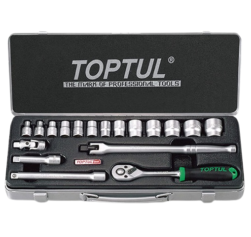 Trusa 18 chei tubulare TOPTUL GCAD1805, 3/8 inch, cu clichet 3/4 inch, deschidere chei 6-24 mm, bara extensie, bara antrenoare, articulatie