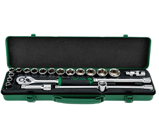 Trusa 21 chei tubulare TOPTUL GCAD2102, 3/8 inch, cu clichet 3/8 inch, deschidere chei 8-24 mm, adaptor 1/2 inch - 3/8 inch, articulatie, cutie depozitare
