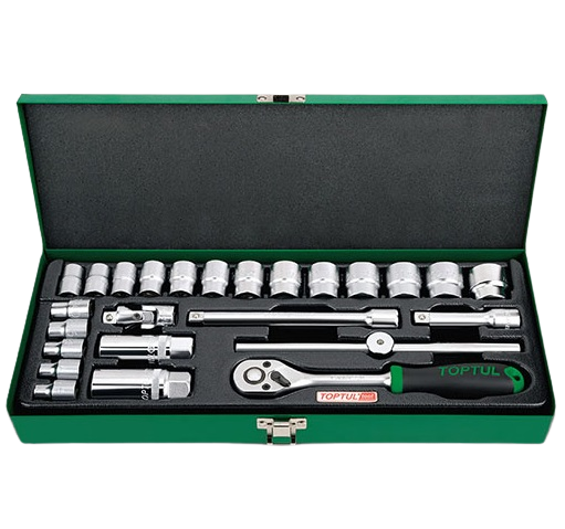 Trusa 25 chei tubulare TOPTUL GCAD2502, 3/8 inch, cu clichet 3/8 inch, deschidere chei 6-24 mm, bara extensie, bara antrenoare, articulatie, cutie depozitare