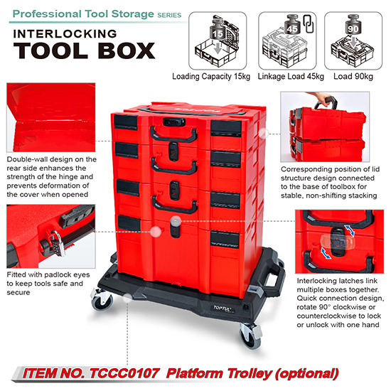 Cutie pentru scule TOPTUL TBBE0702, interconectabila, dimensiuni 456x372x262 mm, volum 32 litri, cu manere, din ABS