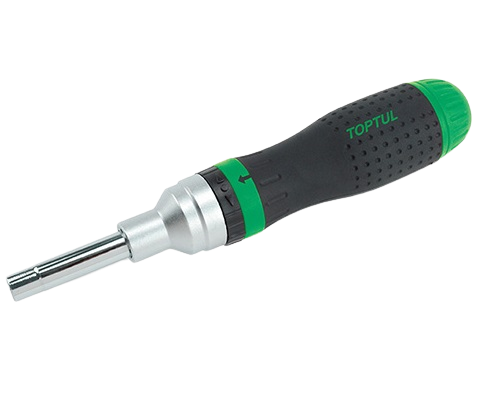 Surubelnita cu clichet reversibil TOPTUL FTED1421, prindere hex 1/4, 5/16, 7/16 inch, lungime activa 50 mm, lungime totala 207 mm, cu depozitare