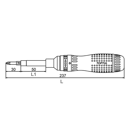 Surubelnita cu clichet reversibil TOPTUL FTED1421, prindere hex 1/4, 5/16, 7/16 inch, lungime activa 50 mm, lungime totala 207 mm, cu depozitare
