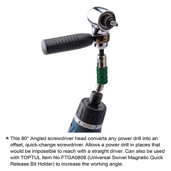 Suport unghiular 90 grade pentru biti insurubare TOPTUL FTGC0808, prindere hex 1/4 inch, antrenor hex 1/4 inch, lungime 47 mm