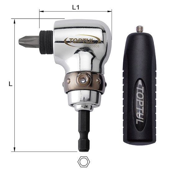 Suport unghiular 90 grade pentru biti insurubare TOPTUL FTGC0808, prindere hex 1/4 inch, antrenor hex 1/4 inch, lungime 47 mm