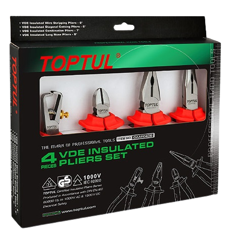 Set 4 clesti izolati TOPTUL GAAE0406, 1 x cleste combinat, 1 x cleste cu varf lung, 1 x cleste cu taiere diagonala, 1 x cleste pentru tevi apa