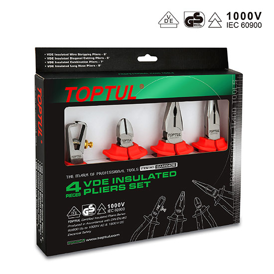 Set 4 clesti izolati TOPTUL GAAE0406, 1 x cleste combinat, 1 x cleste cu varf lung, 1 x cleste cu taiere diagonala, 1 x cleste pentru tevi apa