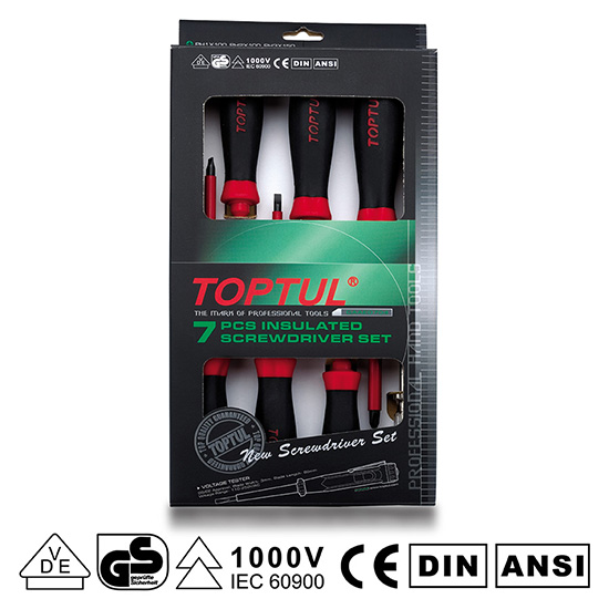 Set 7 surubelnite izolate TOPTUL GAAE0704, profil drept 4x100, 5.5x125, 6.5x150 mm, profil phillips PH1x100, PH2x100, PH3x150, creion testare