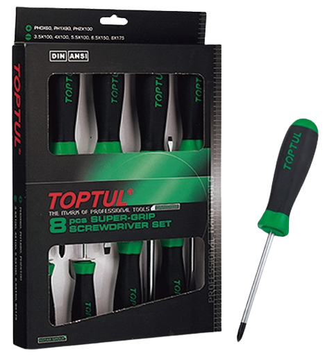 Set 8 surubelnite TOPTUL GAAE0807, profil plat 3.5x100, 4x100, 5.5x100, 6.5x150, 8x175 mm, phillips PH0x60, PH1x80, PH2x100, maner aderent
