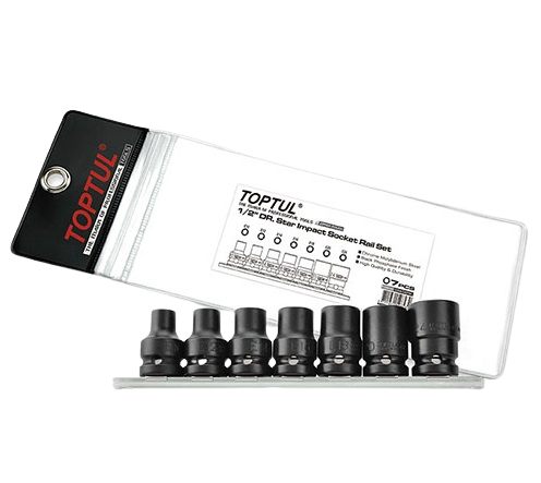 Set 7 chei tubulare de impact TOPTUL GDAG0701, antrenor patrat 1/2 inch, profil torx, deschidere chei E10-E24, finisaj fosfatat