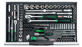 Dulap mobil pentru scule TOPTUL GCAJ305B, 7 sertare, roti pentru deplasare, 5 sertare echipate cu 305 piese, gri