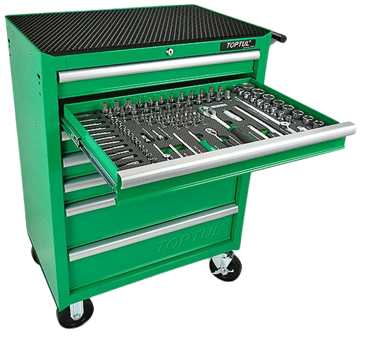 Dulap mobil pentru scule cu 7 sertare TOPTUL GE20820, cu roti pentru deplasare, verde, echipat 208 piese